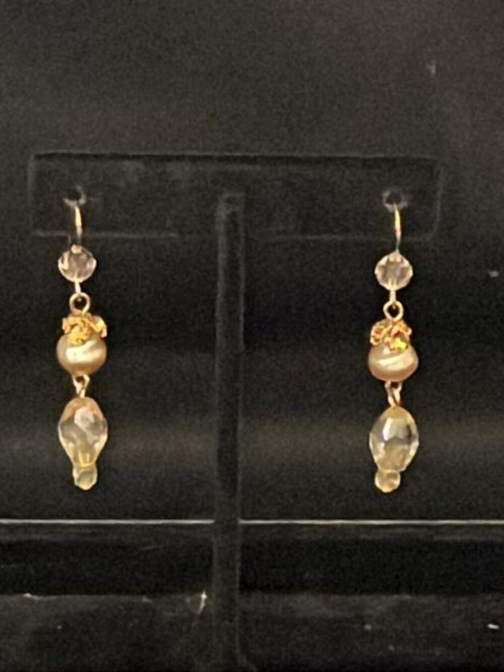 Faux Pearl and 3 Faceted Clear Bead Drop Earrings